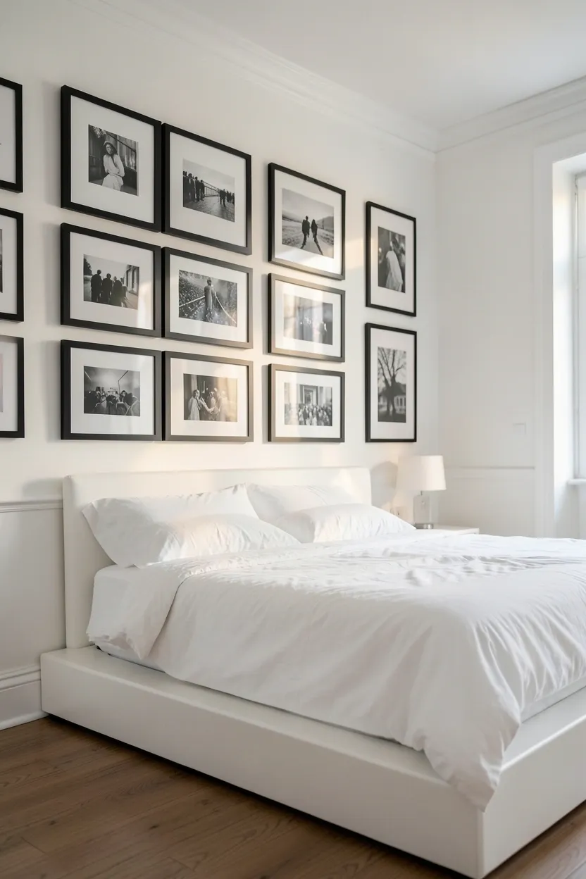 Black-framed art prints and photographs arranged as a gallery wall above a white bed in a monochrome bedroom