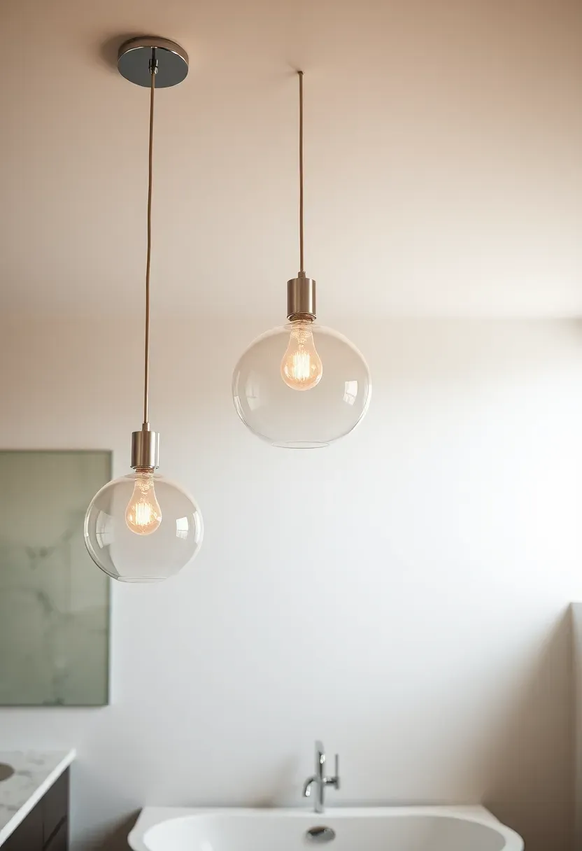 Ceiling-mounted glass pendant lights hanging above a freestanding soaking tub in a modern luxury bathroom for dramatic decorative illumination