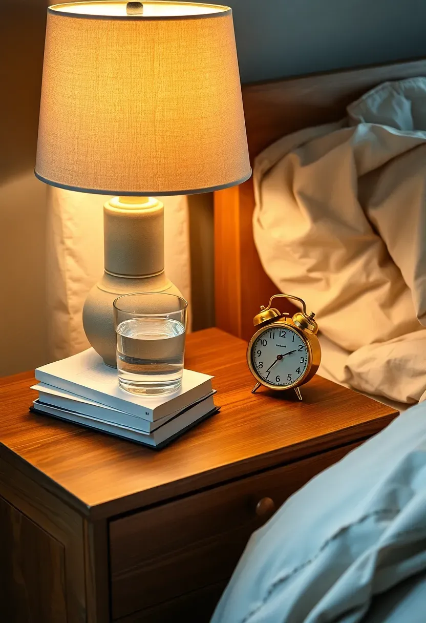 Cozy rental bedroom nightstand with a warm lamp small stack of books glass of water and a minimalist alarm clock