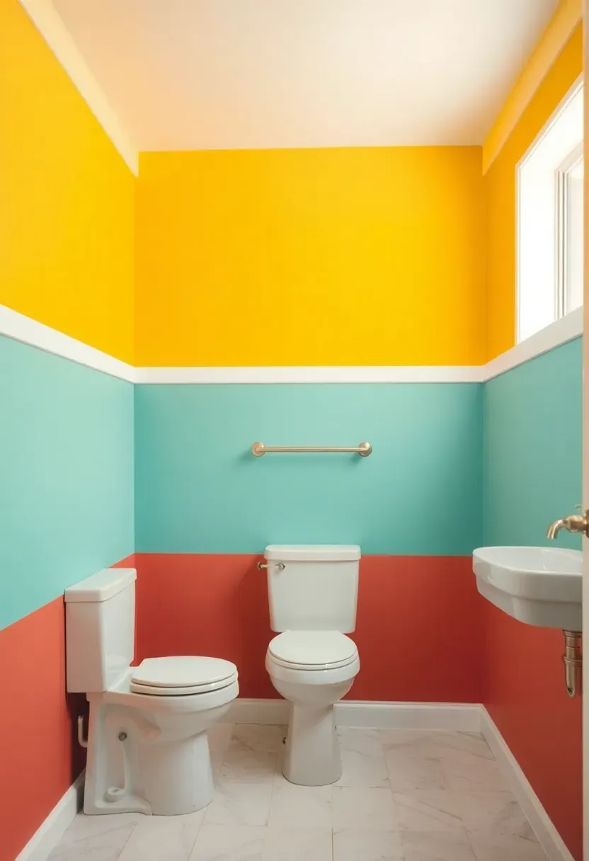Color-blocked bathroom walls with coral, teal and yellow sections