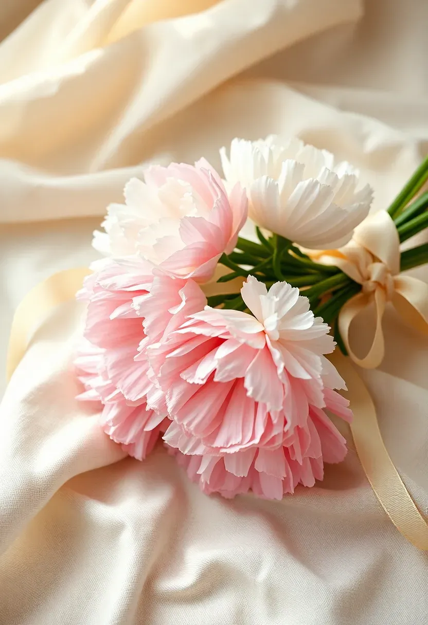 bunch of realistic tissue paper carnations in pink and white tied with a ribbon