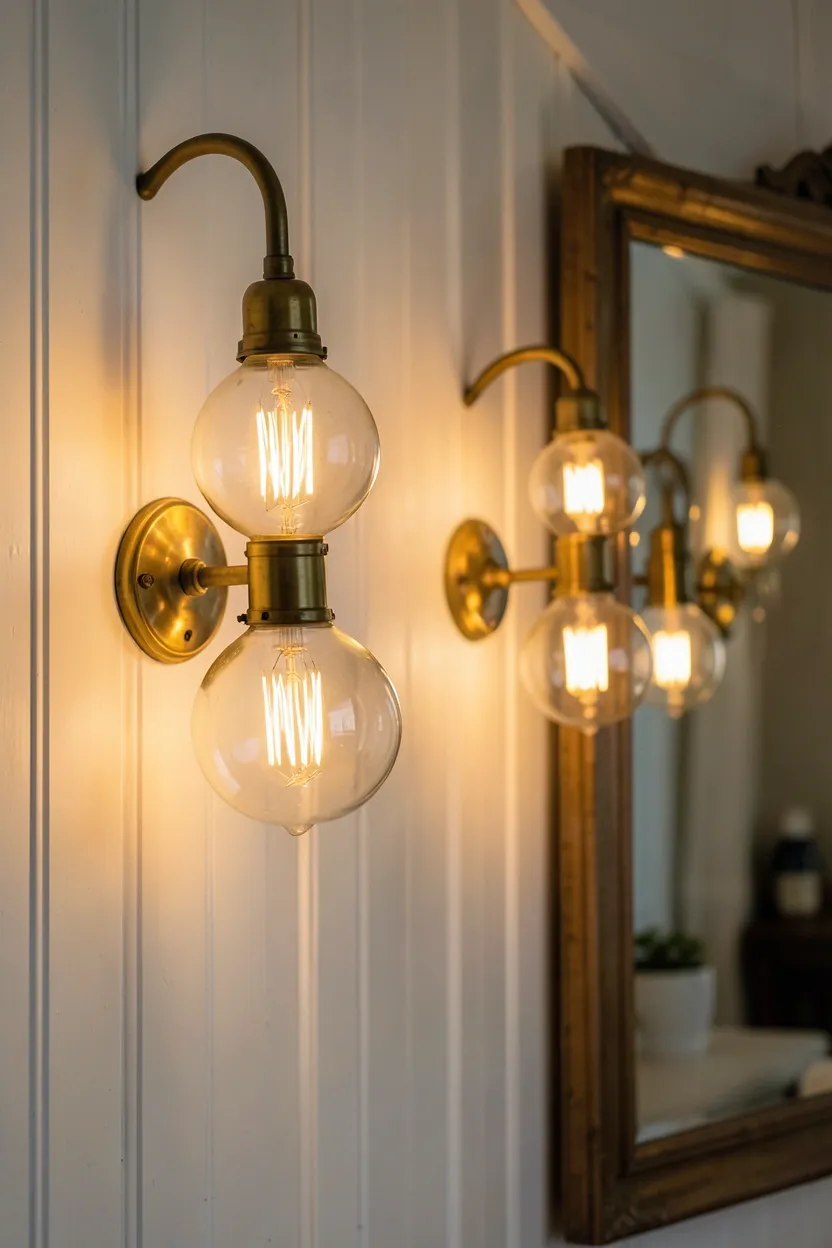 Industrial gooseneck farmhouse wall sconces with exposed Edison bulbs flanking a vanity mirror in warm bathroom lighting