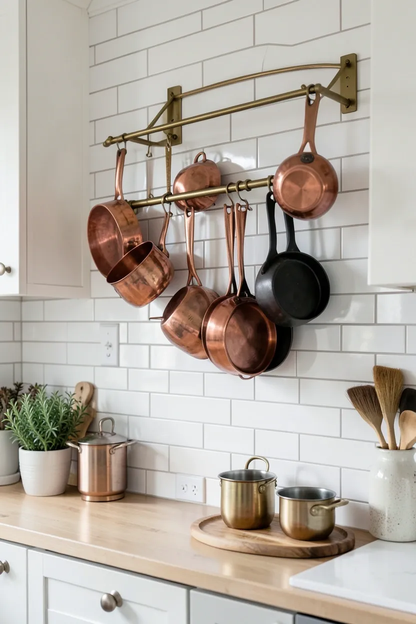 Wall-Mounted Pot Rack in Scandinavian Kitchen