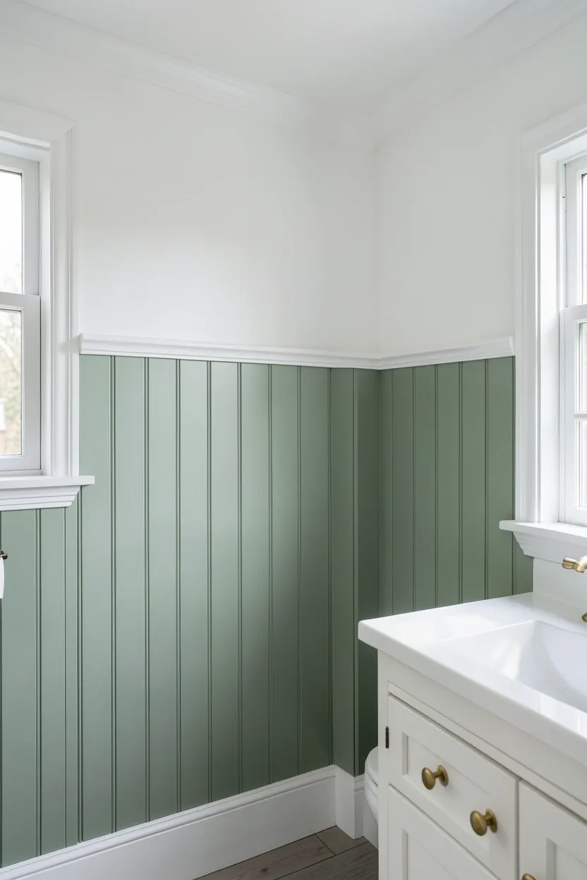 Sage green board and batten half wall with white upper walls and white chair rail in a serene rental bathroom
