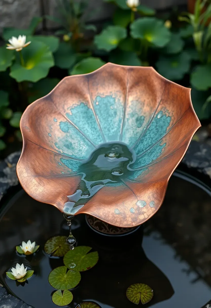 A copper lotus leaf fountain with water beading and dripping from petal edges into a shallow pool surrounded by water plants