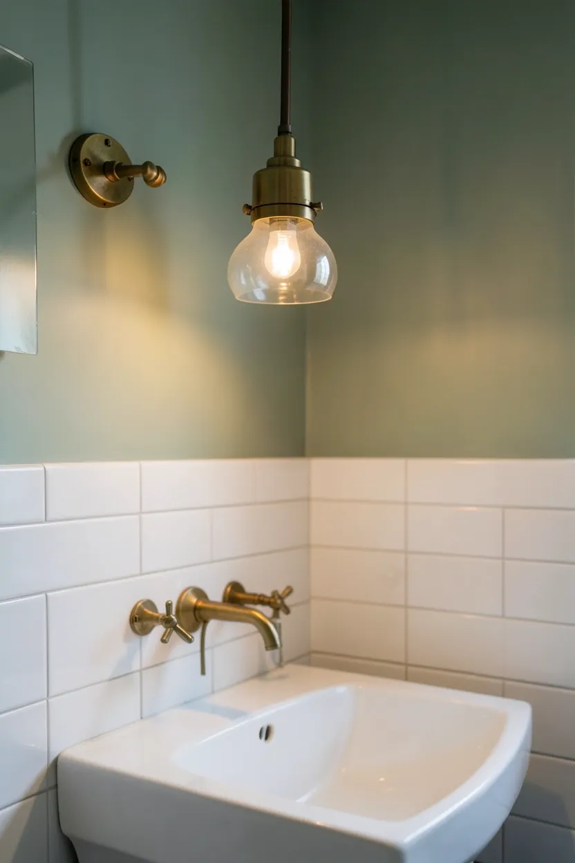 Aged brass industrial pendant light with clear glass shade above a bathtub in a UK rental bathroom
