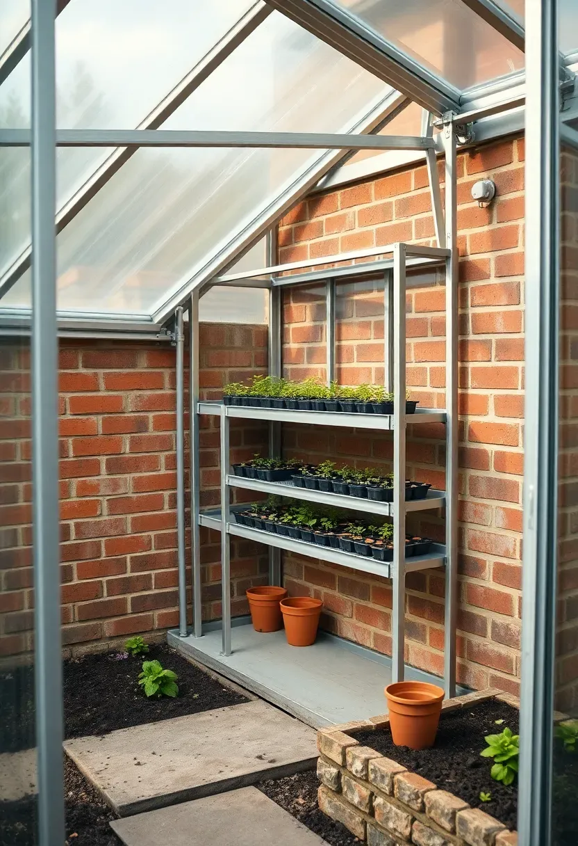A lean-to greenhouse with polycarbonate panels attached to the side of a brick house, filled with seedlings on shelving
