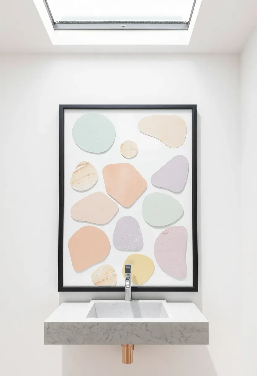 Terrazzo-inspired cut paper collage with pastel colored shapes on white background in a modern frame in a contemporary bathroom