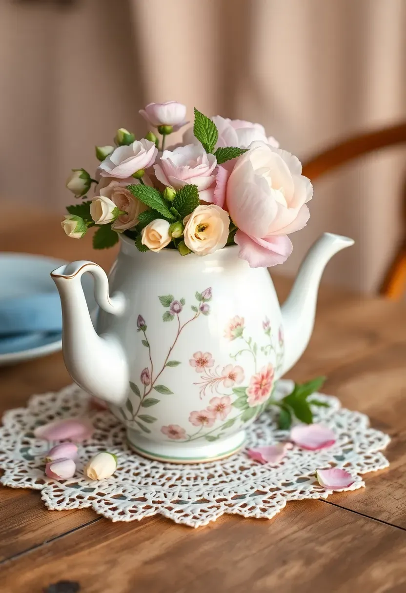 vintage floral teapot filled with fresh pastel flowers including sweet peas and spray roses on a lace doily at a baby shower
