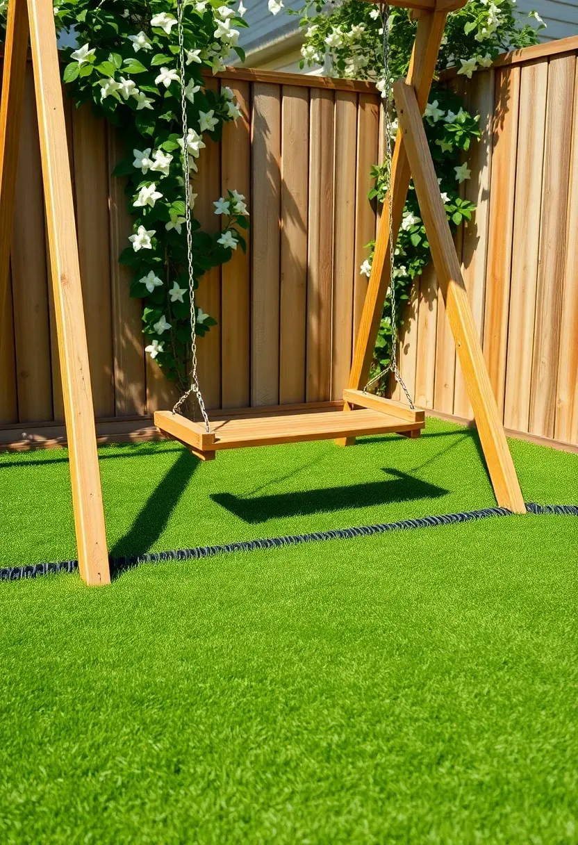 A small backyard play area with bright green artificial turf, a wooden swing set, rubber edging border, and a privacy fence with climbing jasmine
