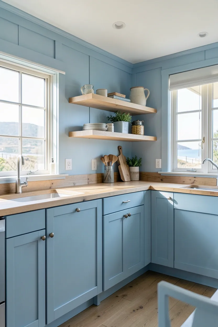 Coastal Blue Kitchen with Natural Wood Accents