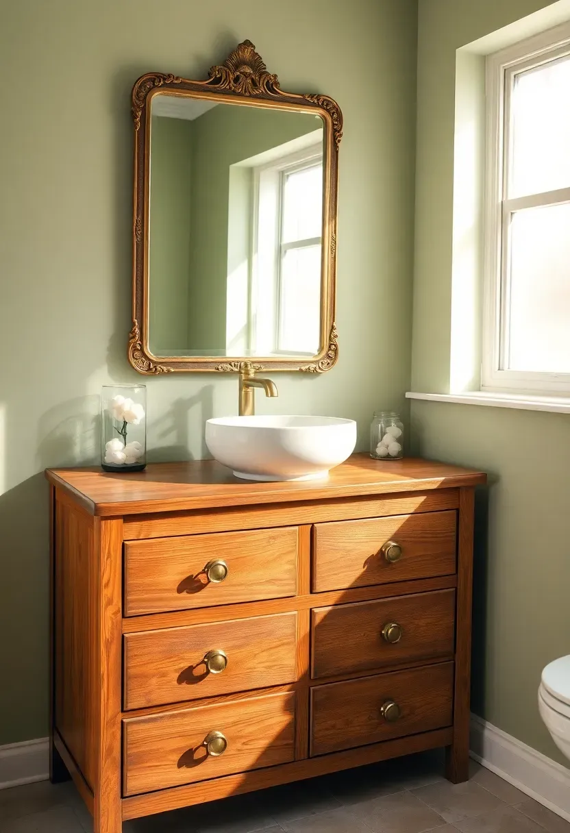 Vintage wooden dresser converted into a bathroom vanity with white vessel sink and antique mirror