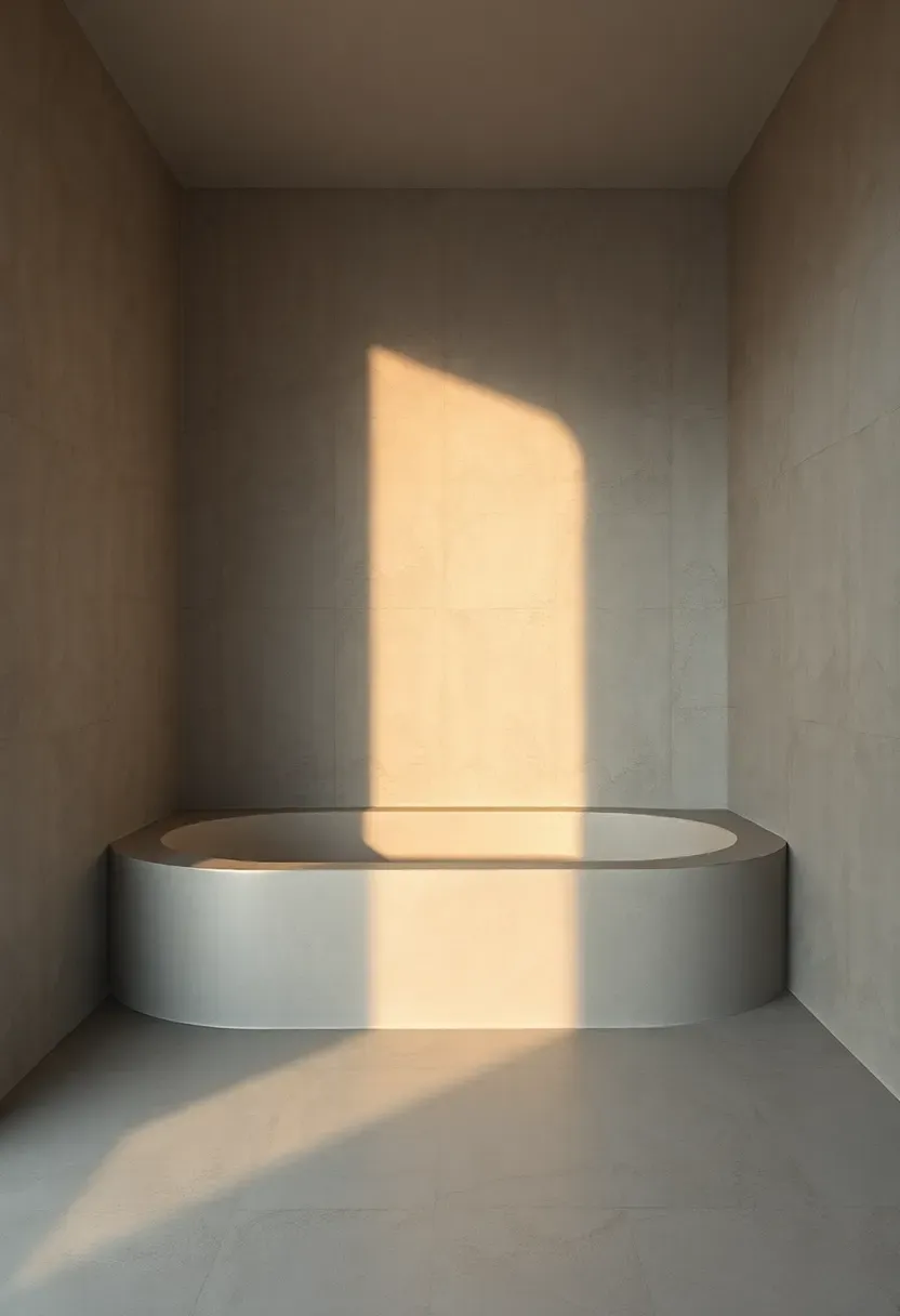Bathroom with a curved microcement cove base creating a seamless transition between gray walls and a polished concrete floor