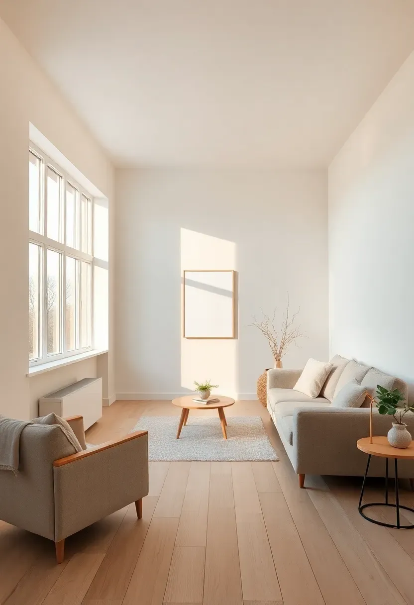 Hyper-realistic medium shot of a minimalist Scandinavian living room with warm white walls (cream undertones). The walls have a soft matte finish reflecting golden natural light from large windows. Light oak flooring, simple beige sofa, minimal decor. Materials: matte paint, light wood, linen fabric. Warm afternoon sunlight creating soft shadows, cozy atmosphere. Clean composition, balanced furniture arrangement. No text, no logos, no watermarks.</p>