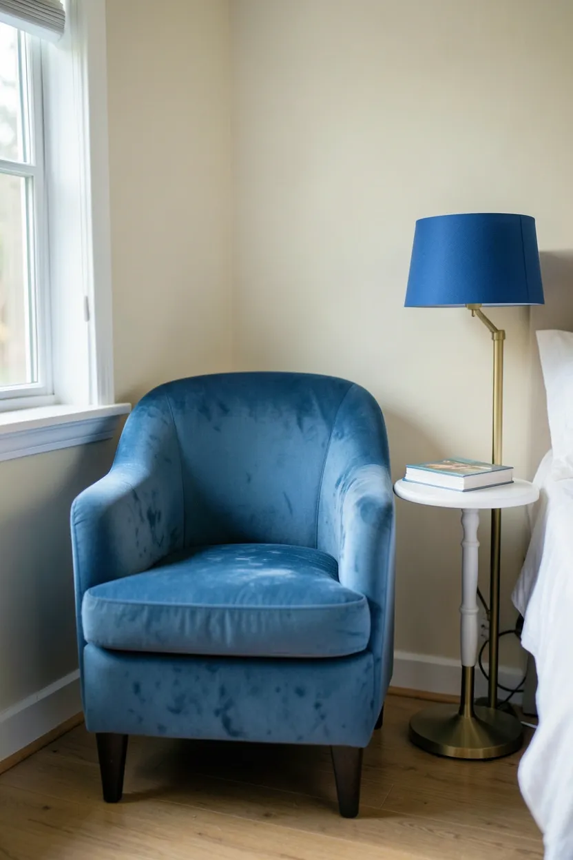 Hyper-realistic eye-level photograph of baby blue upholstered accent chair with curved back, positioned in bedroom corner near window. Small round side table in white, floor lamp with blue shade, small stack of books on table. Neutral cream walls, glimpses of bed in background. Materials: velvet blue chair fabric, white painted wood side table, brass floor lamp base. Natural light from window creating soft shadows, cozy inviting atmosphere. Shallow depth of field, sharp details on chair upholstery and lamp, balanced composition showing corner seating area. No text, no logos, no watermarks.</p>