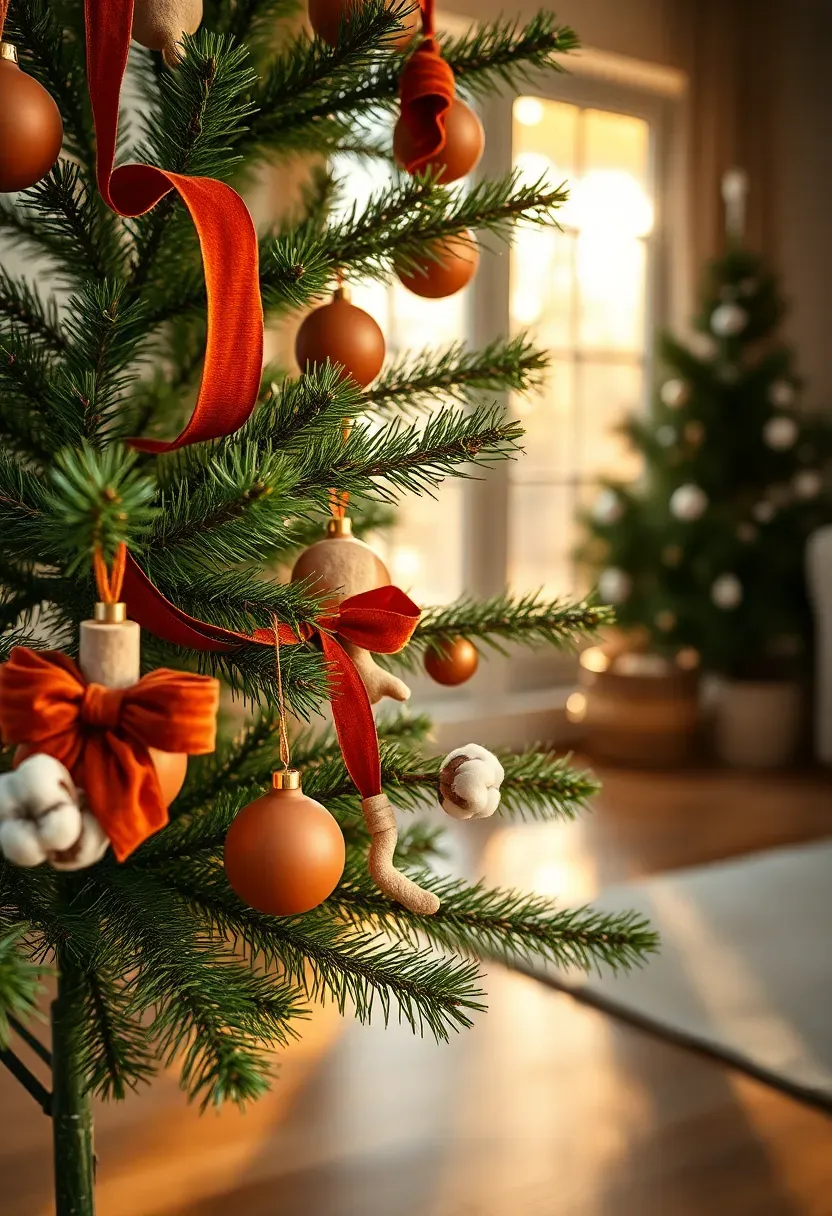 Hyper-realistic 3/4 view of a green Christmas tree decorated with terracotta ceramic ornaments, rust-colored velvet ribbon, cream wooden shapes, and dried cotton stems. Materials: realistic green pine branches, matte terracotta ceramics, rust velvet ribbon, raw wood ornaments, natural cotton. Warm golden hour light through window (3200K), creating rich earthy tones and long shadows on wood floor. Earthy mood, shallow depth of field with terracotta glaze details sharp, visible room context with warm neutral furniture. No text, no logos, no watermarks.</p>