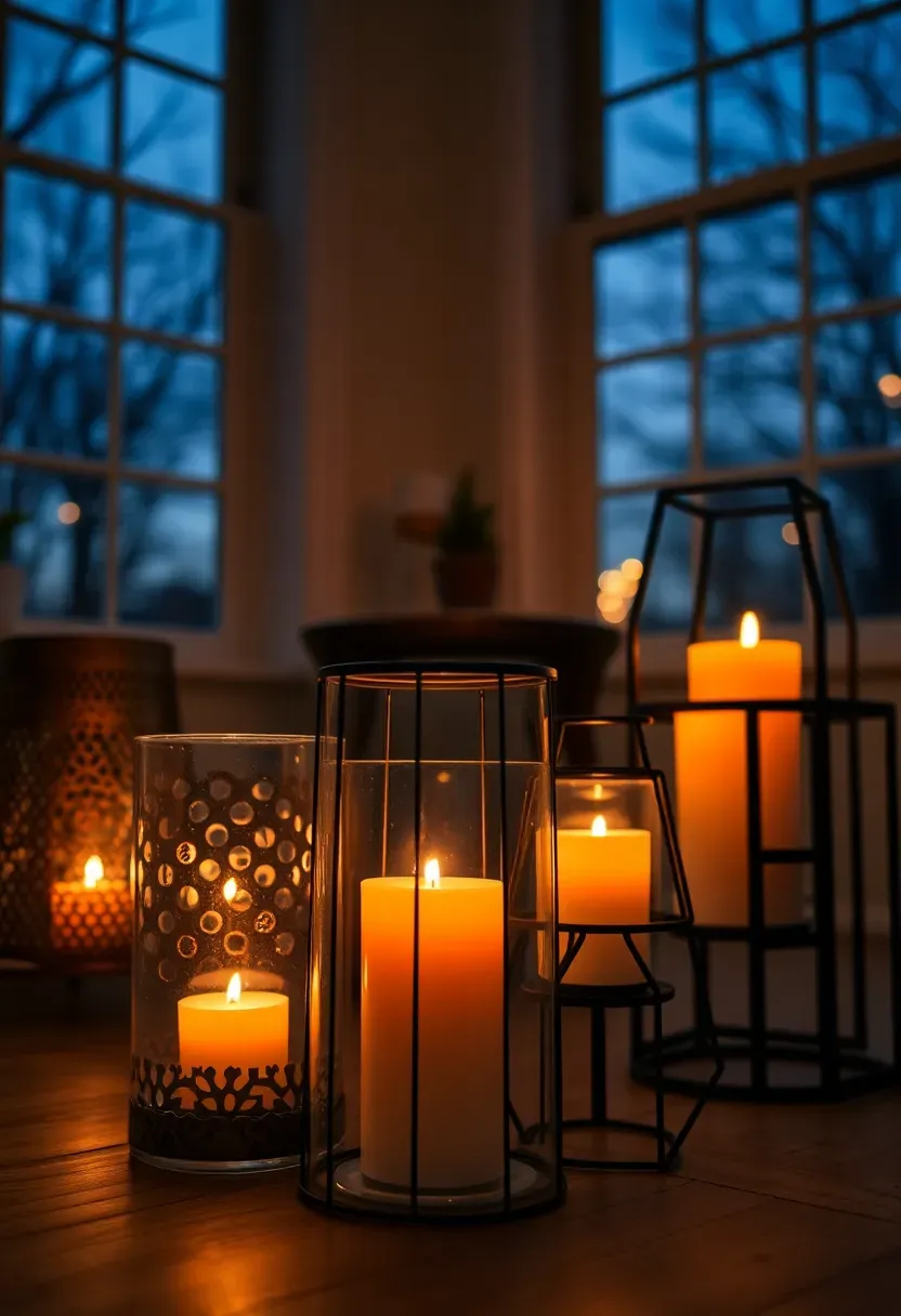 Cluster of mixed-size glass and metal lanterns with LED candles arranged on a sunroom floor and side table, casting warm amber glow at twilight