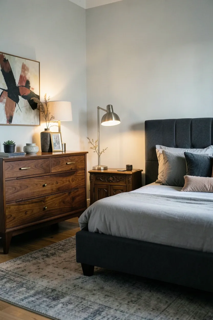 Hyper-realistic eye-level photograph of a maximalist bedroom mixing vintage and modern furniture: mid-century walnut dresser with brass pulls, contemporary upholstered platform bed in charcoal gray, antique oak nightstand with carved details, modern metal floor lamp. Materials: walnut vintage dresser, upholstered modern bed, oak antique nightstand, metal modern lamp. Soft ambient light with mix of warm and cool tones, highlighting different furniture eras and styles. Coherent mood: eclectic and curated maximalist bedroom with collected-over-time aesthetic. Shallow depth of field, sharp details on furniture pieces, balanced composition showing room context. No text, no logos, no watermarks.</p>