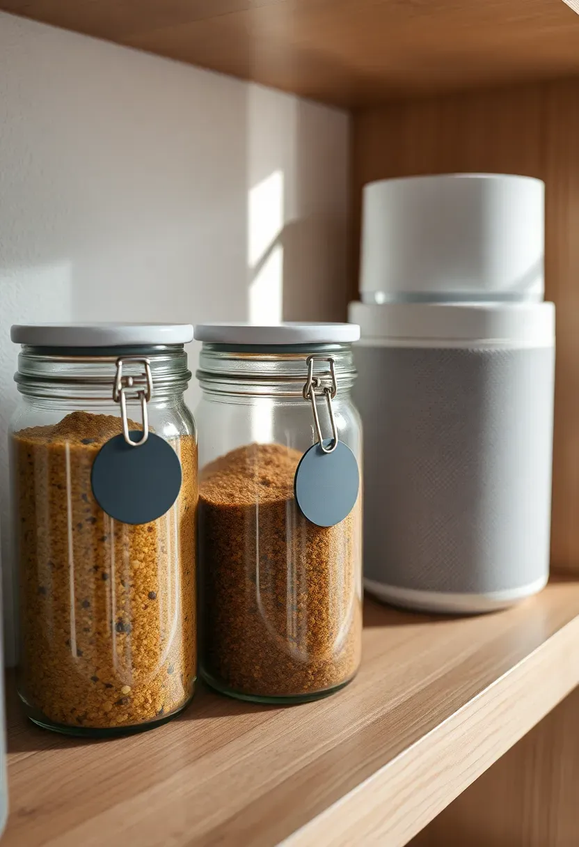 Pantry shelf with three clear glass spice jars fitted with small NFC-enabled circular voice-label tags on each lid, a compact smart speaker on the shelf corner, soft morning light from a nearby window
