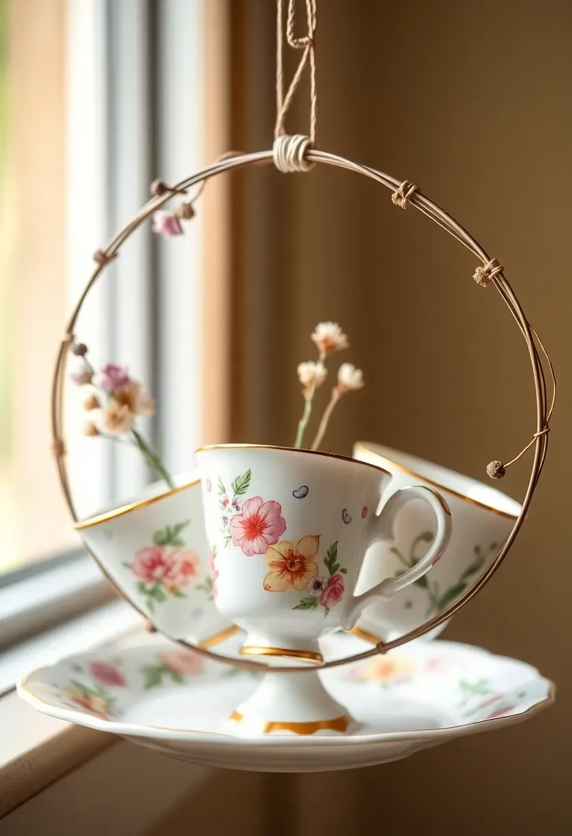 vintage teacup Easter wreath with miniature floral china cups wired to a wreath frame