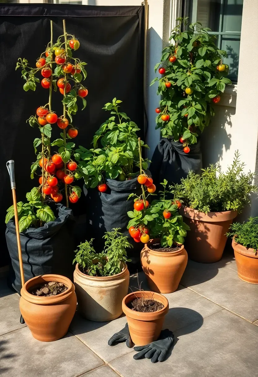 Collection of large fabric grow bags and ceramic pots on a sunny patio filled with tomatoes herbs and peppers