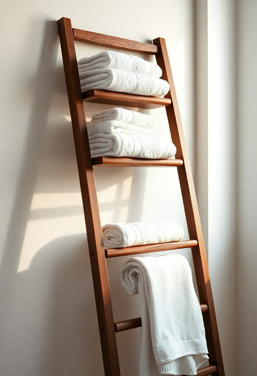 Wall-mounted leaning ladder towel rack made of dark wood with several rungs holding folded and rolled towels