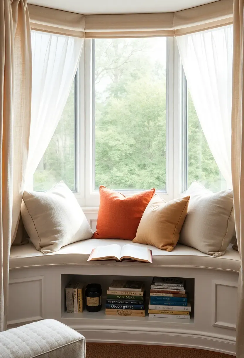 Bay window transformed into a cozy reading nook with a built-in cushioned seat, throw pillows, a shelf underneath for books, and linen curtains framing the window