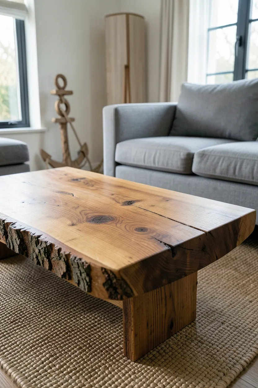Live-edge reclaimed wood coffee table surrounded by contemporary gray linen sofa in a modern rustic living room