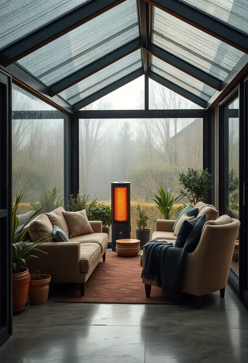 Fully enclosed glass terrace solarium with retractable roof panels, comfortable indoor-style furniture, heating elements, and a view of rain falling outside