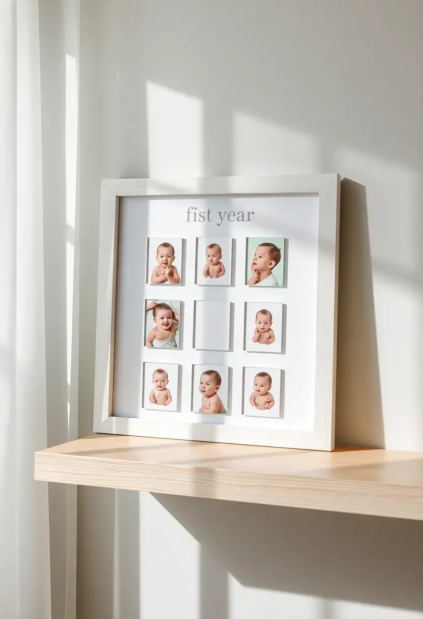 first year baby photo frame collage in white wood with twelve monthly photo slots