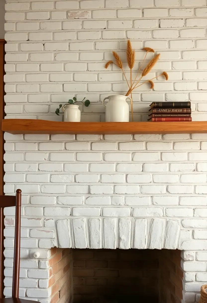 Farmhouse sunroom with a painted white brick fireplace surround and a simple wooden mantel holding vintage crocks and dried botanicals