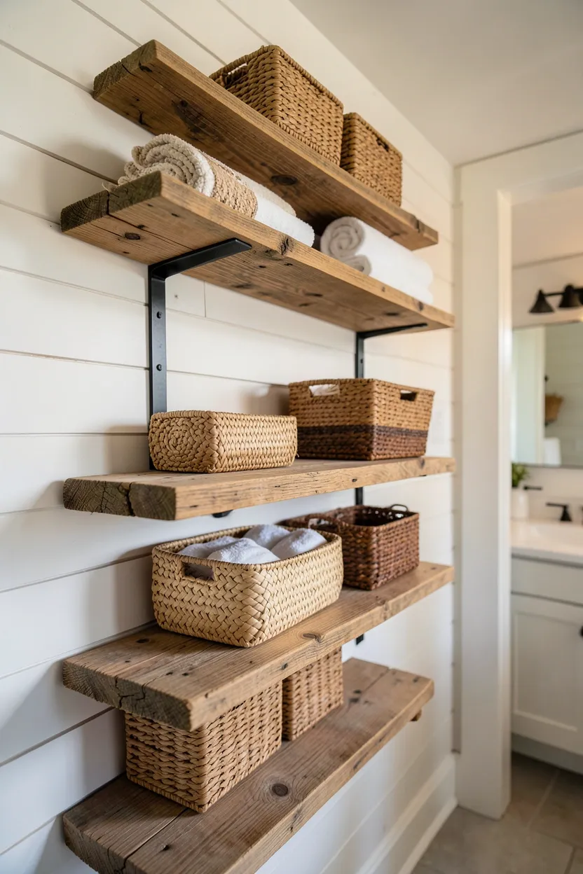 Floating reclaimed wood shelves with woven seagrass baskets and rolled linen towels in a modern farmhouse bathroom