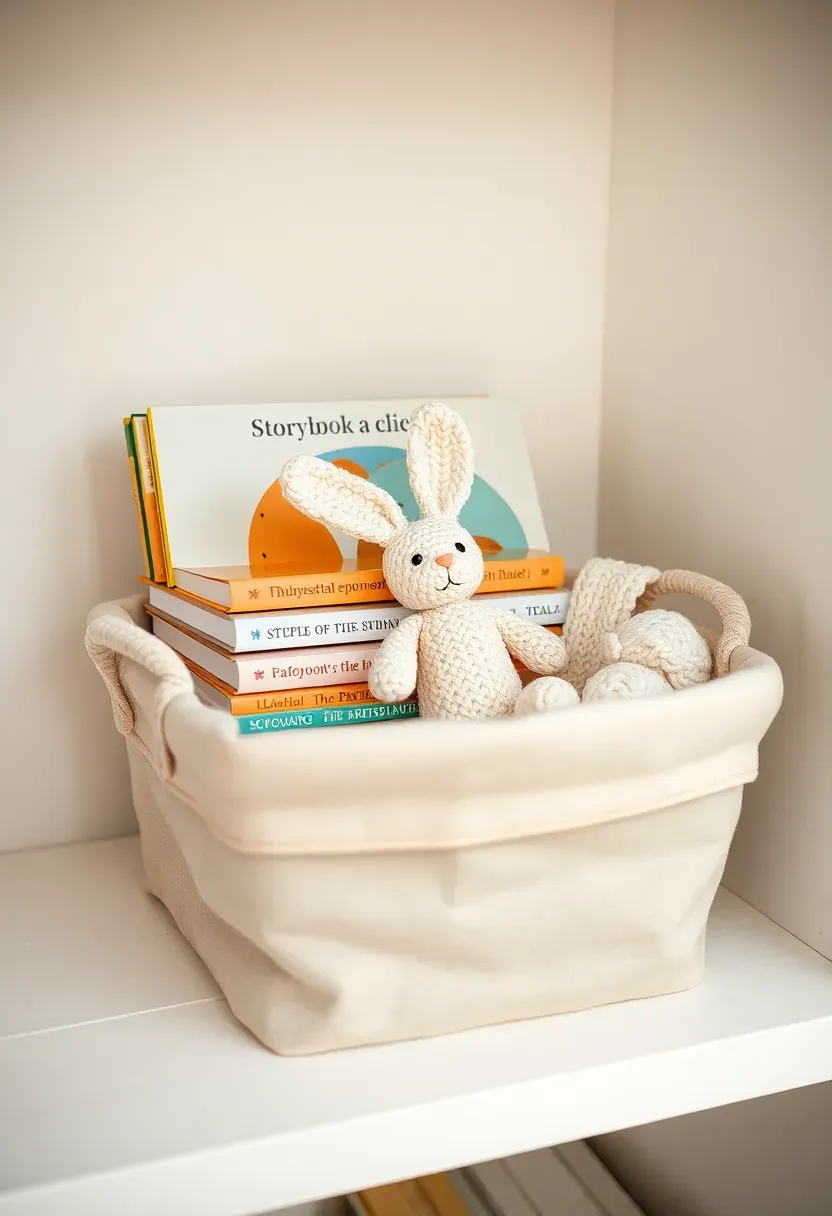 storybook library baby basket with classic children's books stacked alongside a plush toy and knitted bookmark in a fabric-lined basket