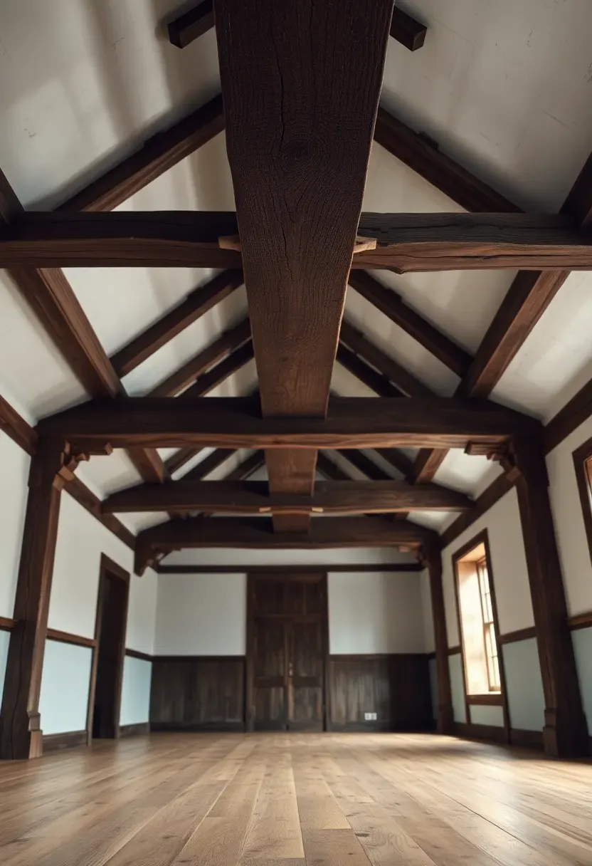 exposed hand-hewn ceiling beams in a colonial great room with whitewashed plaster walls