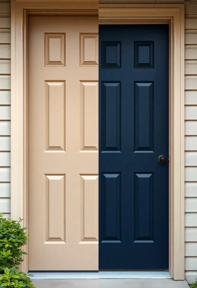 Split image showing a plain beige ranch front door on the left and the same door painted deep navy blue on the right