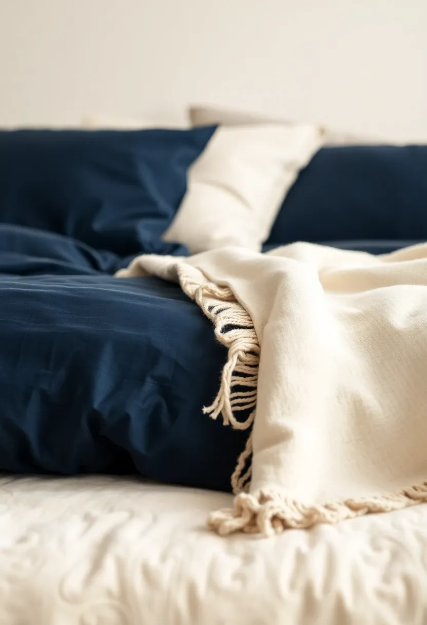 Navy bedding with a cream throw