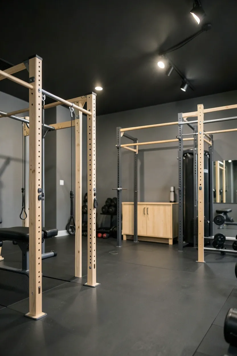Gym room with slate gray painted ceiling and light birch wood equipment racks, track lighting highlighting workout zones