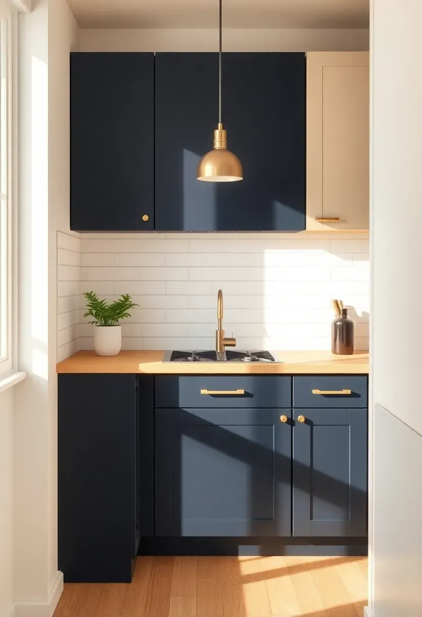 Two-tone kitchen with dark navy blue lower cabinets and creamy white upper cabinets, brass hardware, and a light wood countertop in a small apartment kitchen