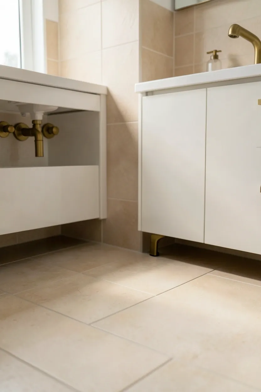 Large-format soft beige porcelain floor tiles with electric radiant heating beneath in a calm modern bathroom — heated floor aesthetic bathroom upgrade