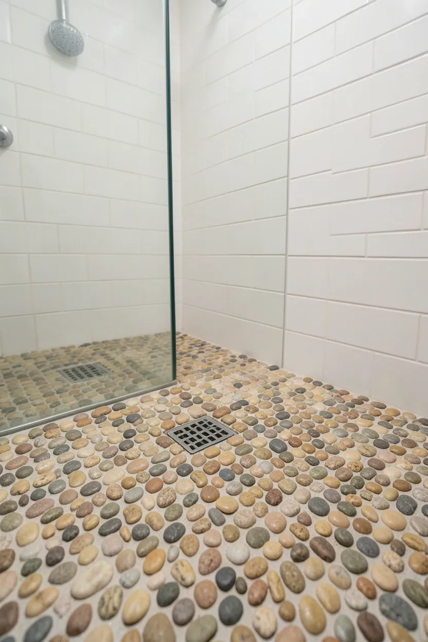 Hyper-realistic eye-level photograph of a modern earthy bathroom shower floor showing rounded pebble tiles in warm beige and gray natural tones, excellent drainage visible between pebbles, glass shower door, white subway tile walls. Natural light. Materials: natural river pebble stones, tempered glass, white ceramic tiles. Natural pebble shower floor. Rounded stone texture. No text, no logos, no watermarks.</p>