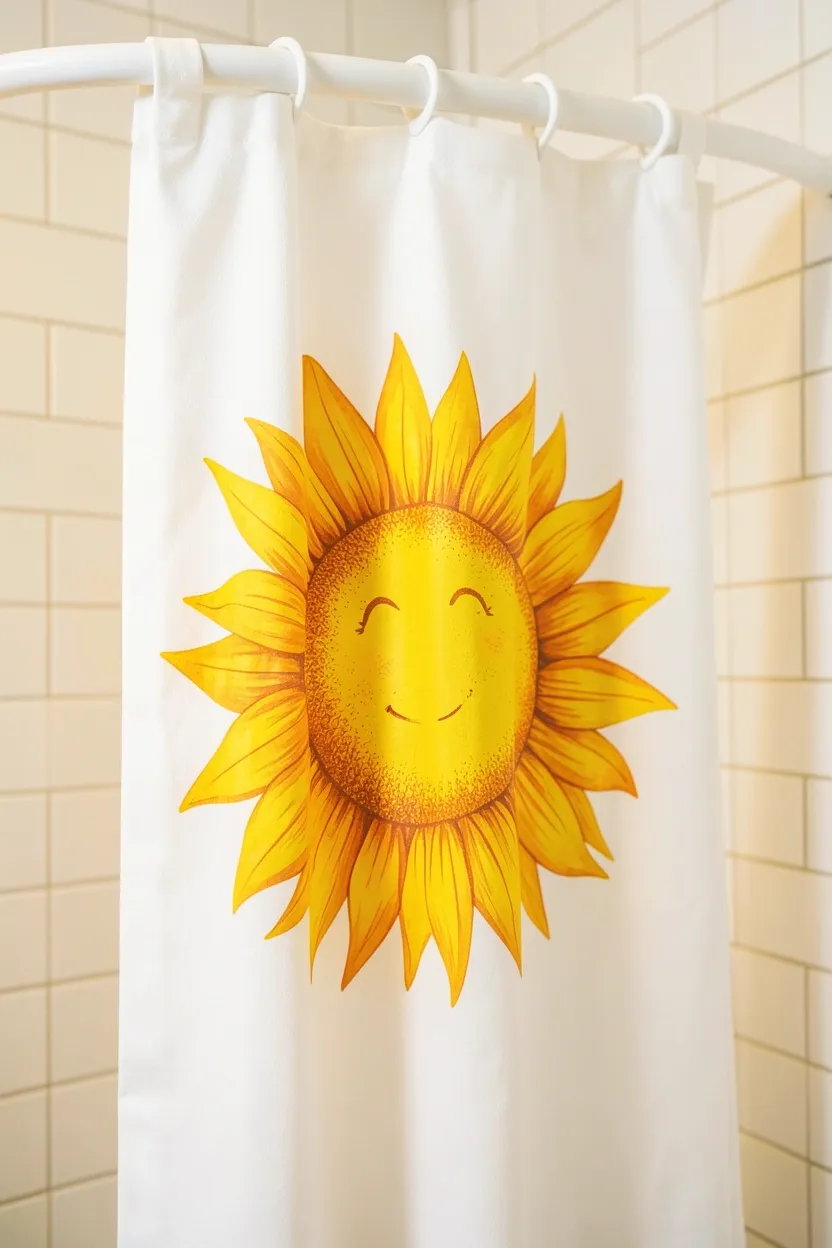 White shower curtain with a large golden yellow sunshine motif in a small rental bathroom with white subway tile walls