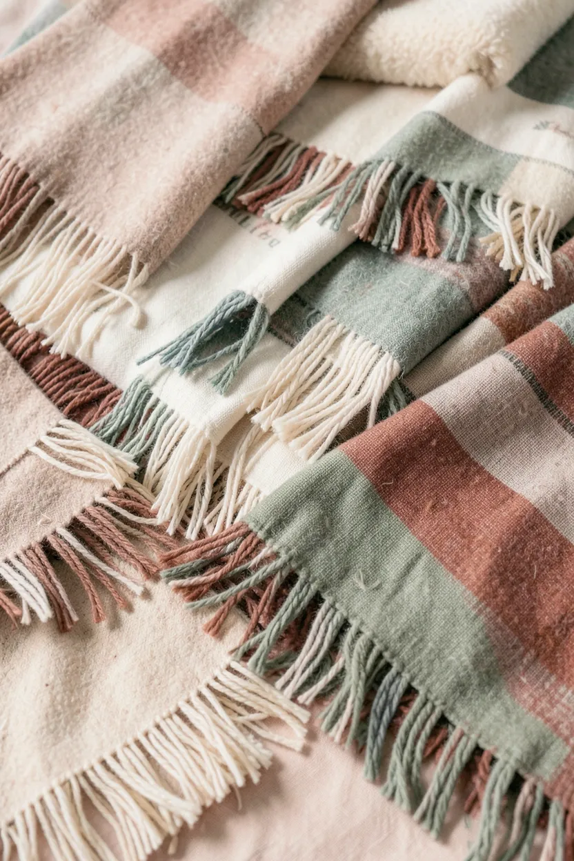 Collection of fringe throw blankets in warm cream, rust, and sage tones draped over a boho bedroom bed rail and woven basket
