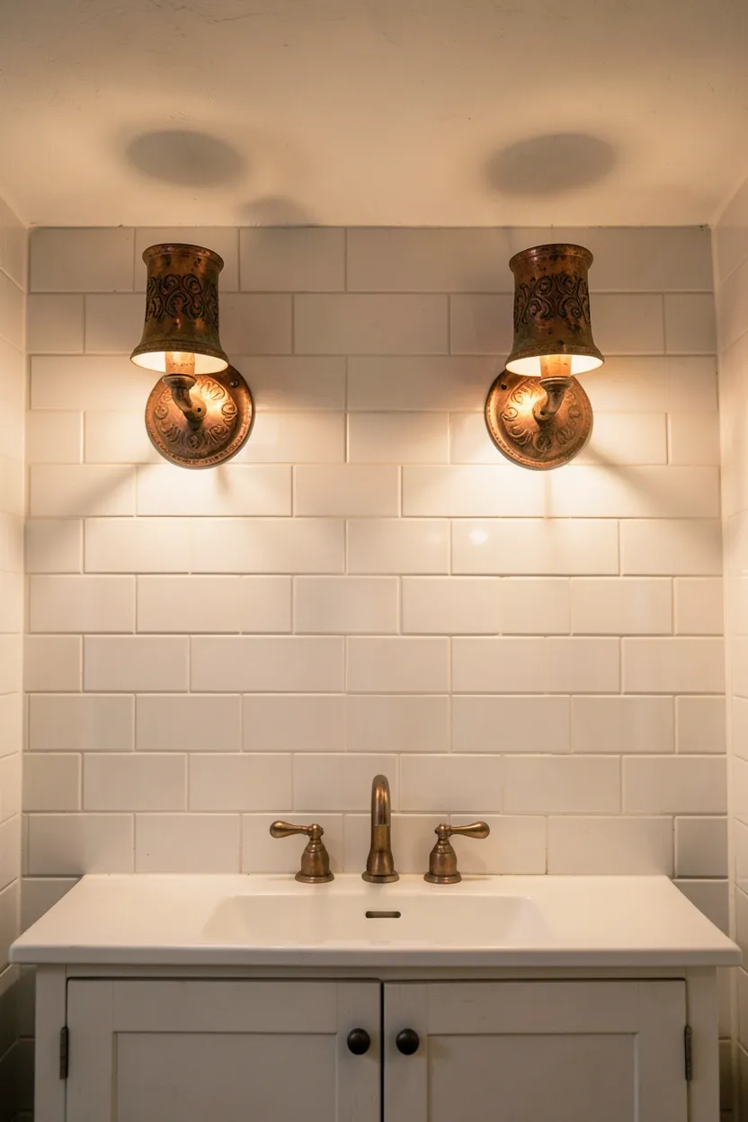 Hyper-realistic eye-level photograph of a rustic bathroom ceiling featuring two aged copper wall sconces with patina and ornate patterns, warm ambient light casting soft shadows on white subway tile walls, white vanity below. Warm ambient lighting. Materials: aged copper metal, white ceramic tiles, white wood cabinet. Warm copper lighting fixtures. Authentic aged patina. No text, no logos, no watermarks.</p>
