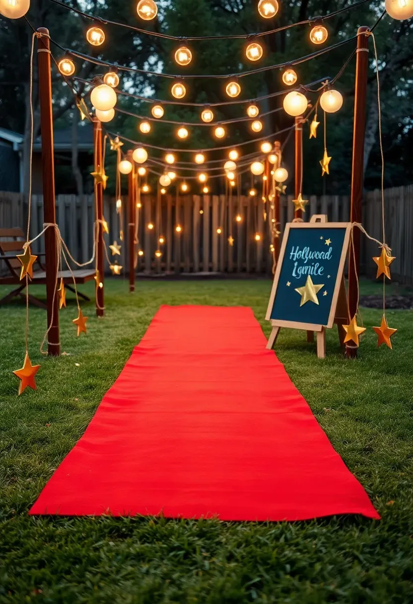 A backyard movie area decorated with a retro Hollywood theme including a red carpet runner, gold star cutouts, and marquee-style lettering on a sign