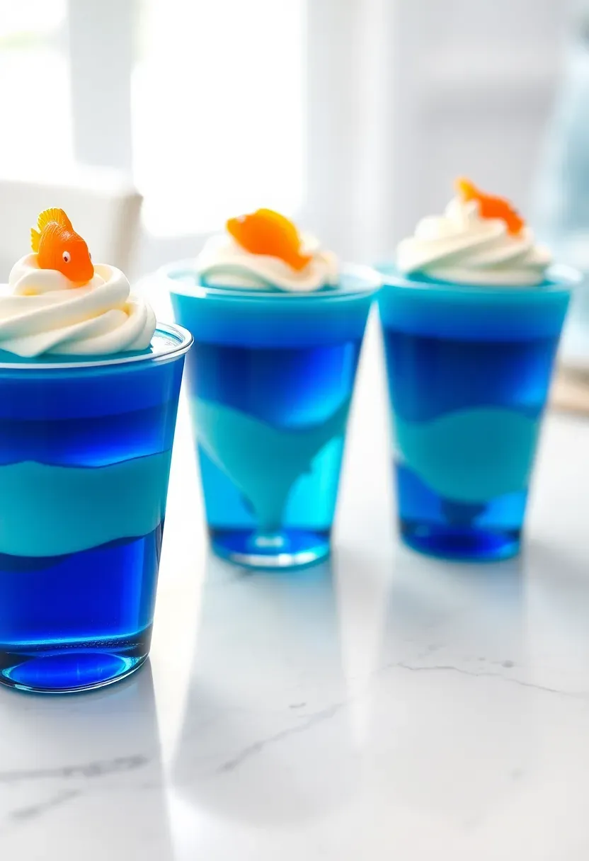 ocean blue layered jello cups with gummy fish and whipped cream waves in clear plastic cups at a baby shower dessert table