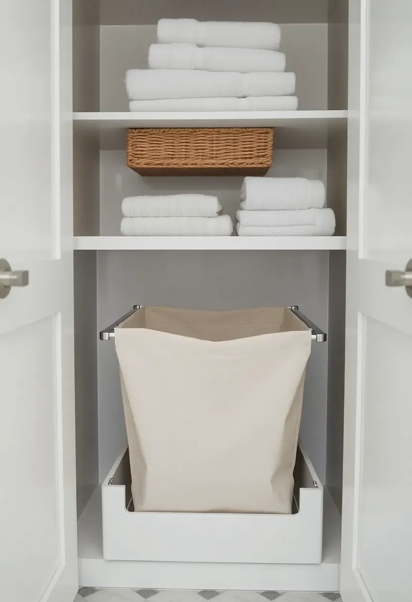 Bathroom linen closet with built-in hamper drawer pulled open at the base showing a removable canvas laundry bag inside
