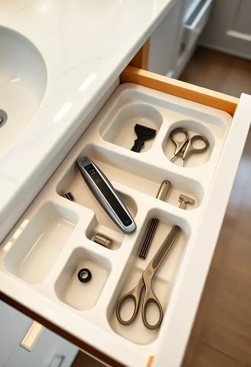 Fully custom-built white lacquer bathroom drawer organizer with individually routed compartments for every grooming tool