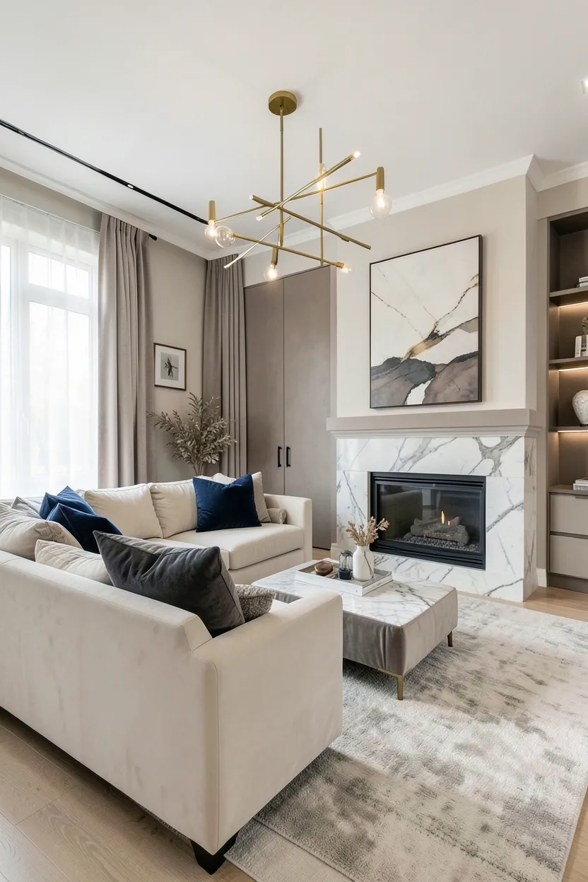 Cream and taupe living room with deep navy blue throw pillows, blue abstract art, and brass floor lamp — elegant neutral palette with color accents