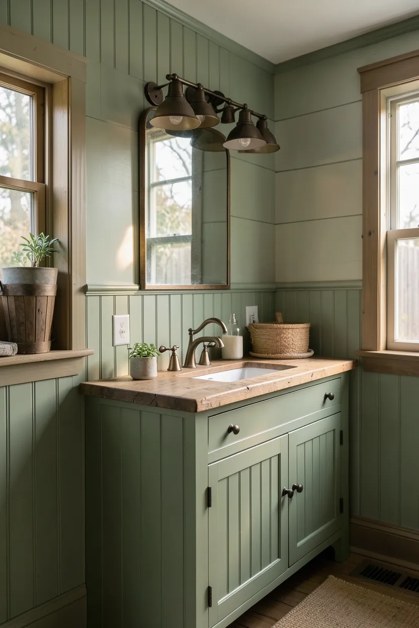 Farmhouse sage green bathroom with shiplap lower walls, wood countertop vanity, and oil-rubbed bronze fixtures