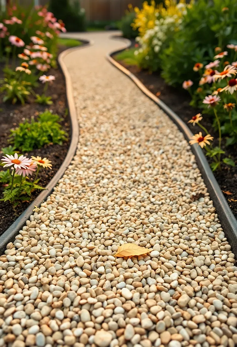 Curved pea gravel path edged with steel landscape edging winding through a backyard flower garden in warm afternoon light